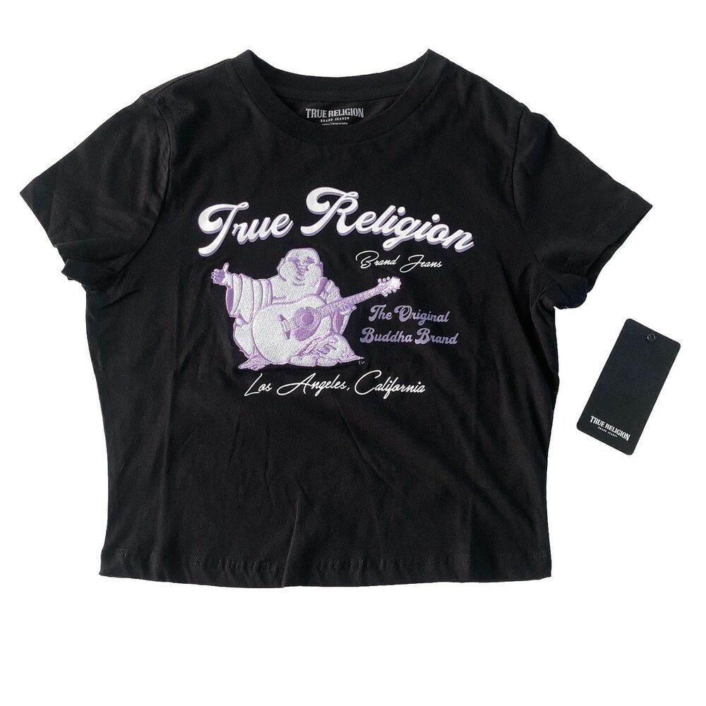 True Religion Women’s Embroidered Buddha Patch Baby Tee Black Size Small NWT